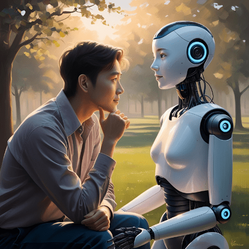 A man and a humanoid robot kneeling and holding hands in a serene park, symbolizing emotional connection between humans and AI.