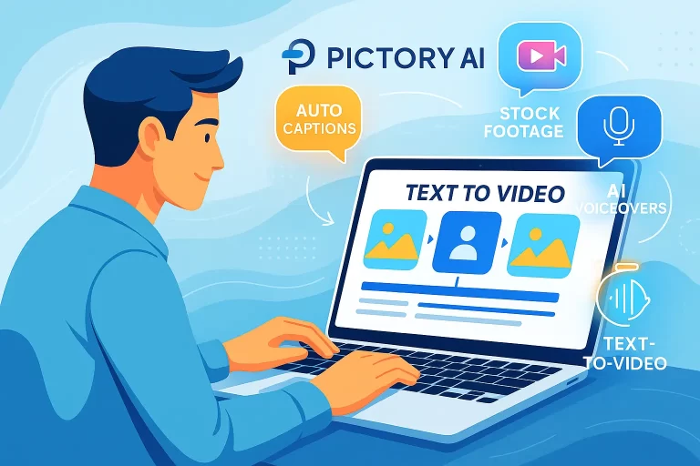 Pictory AI video editor turning text into short-form videos with auto captions, stock footage, and AI voiceovers — 2025.