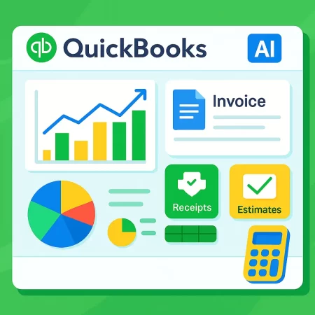 QuickBooks AI dashboard showing invoice tracking, receipt categorisation, cash flow forecasts, and accounting automation — 2025.